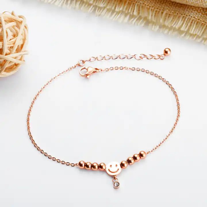 4 Round Beads Smiley Face Pendant + Cable Chain Anklet - HOUSE OF ANKLET