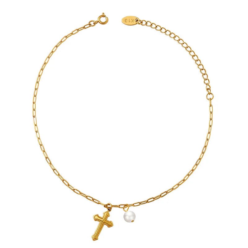 Cross Pearl Pendant + Paper Clip Chain Anklet - HOUSE OF ANKLET
