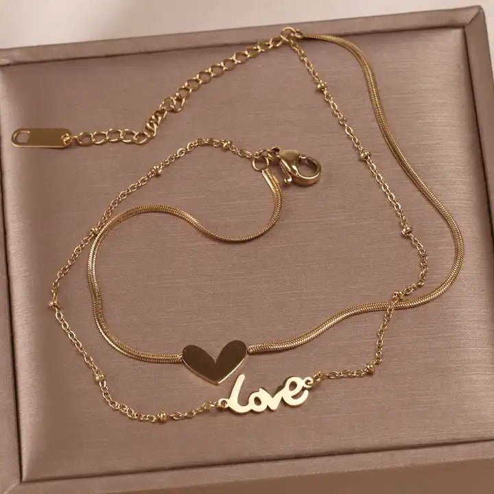 Double Layered Heart Love Omega Chain Anklet - HOUSE OF ANKLET